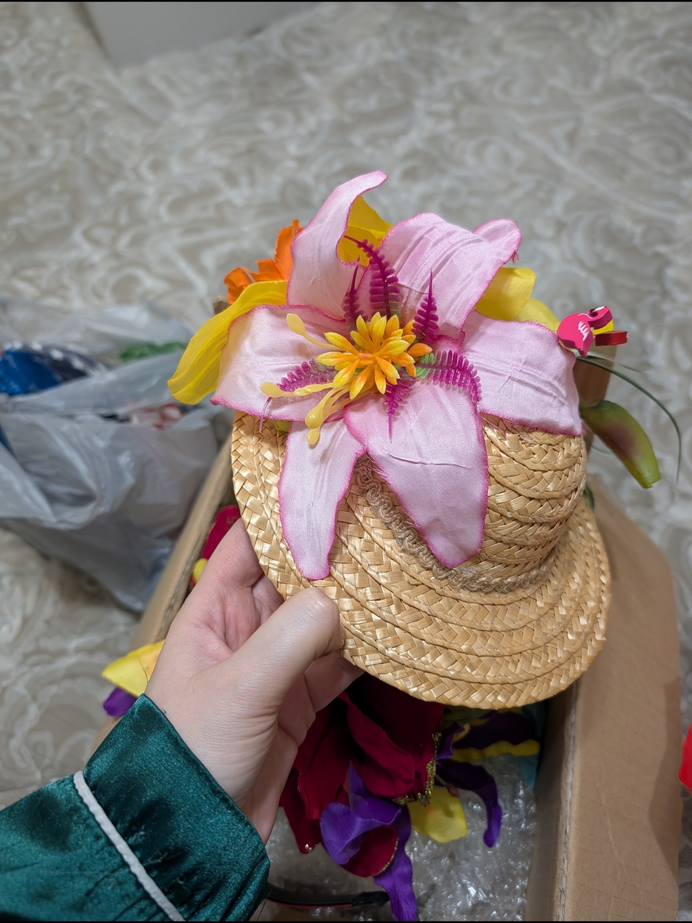 Straw Mini Hat Hair Clip with Pink & Yellow Floral Accent